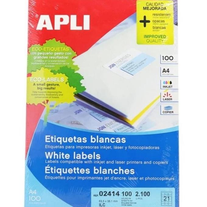 

ready Apli Label Paper 02414 A4 Import (1 box isi 2100 Stiker) 63,5x38,1MM