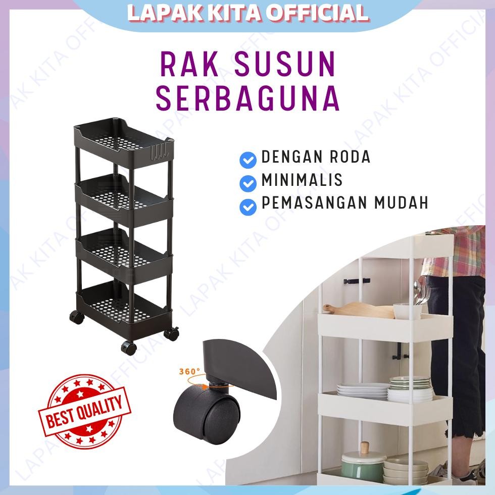 Rak susun serbaguna wadah rak plastik dengan roda 4 tingkat keranjang susun portable multifungsi