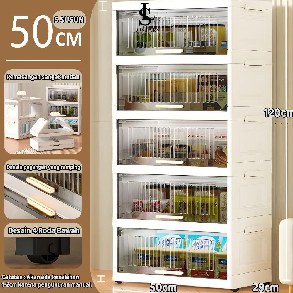 Lostars T3 (Tidak Perlu Instalasi) Rak Kabinet Susun Lipat/Rak Buku Serbaguna ada Roda/Lemari Plasti