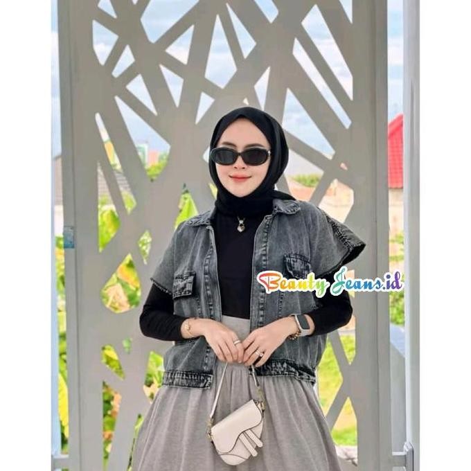 Jaket Rompi Jeans Cassandra Oversize Jacket Denim Wanita Tanpa Lengan Outer Blazer Kekinian Ld 120 J