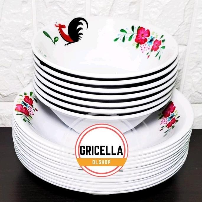 Terlaris Paket Hemat 1 Lusin Piring Makan Dan Mangkuk Ayam Jago Merk Singasingi Bahan Asli Melamin R