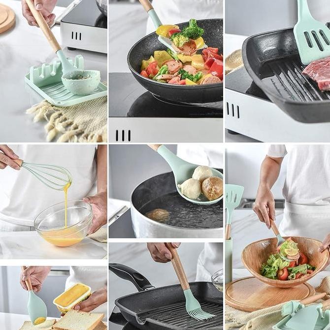 BEBAS ONGKIR - Spatula Silicon Set 10pc Gg Kayu / Kitchen Utensil Silicone Food Grade
