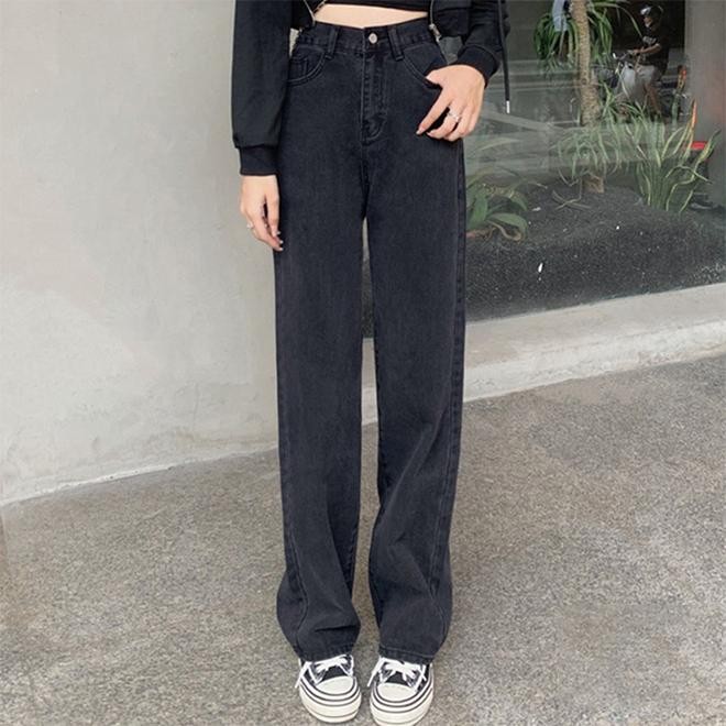 Abu-Abu Celana Jeans Wanita Highwaist Kulot Loose Jeans Celana Panjang Lurus Longgar Biru Retro/Hita