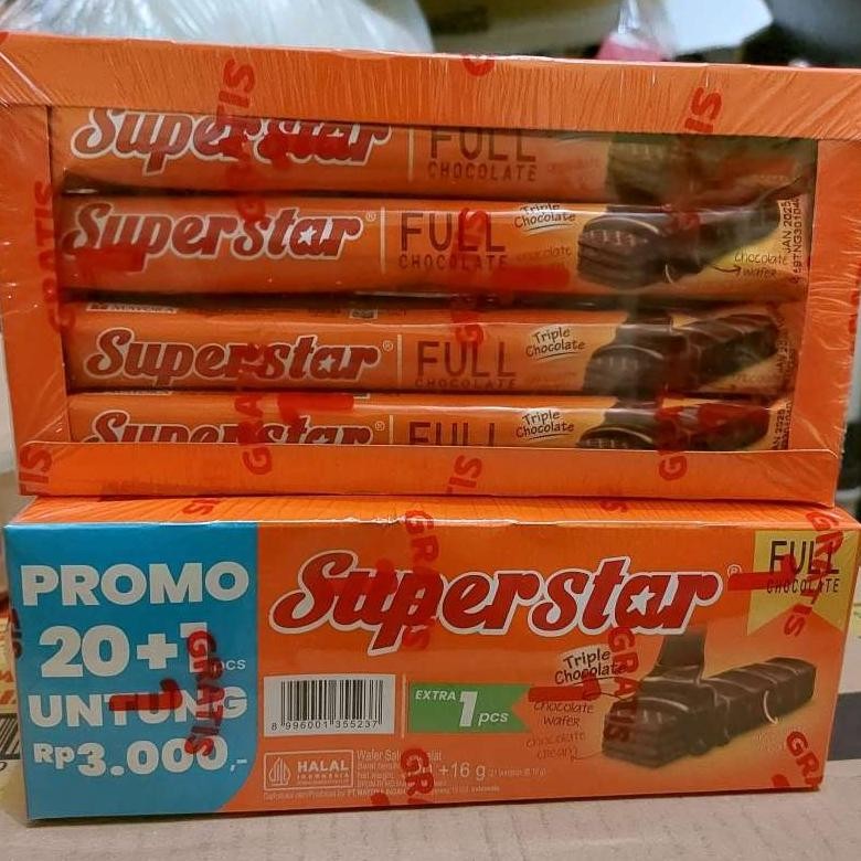 

Ready stok Terlaris Superstar 16 gram / Superstar TRIPLE Chocolate isi 20 pcs / Wafer Coklat Superstar Super Star Per Box Isi 20 Pcs x 16g Termurah