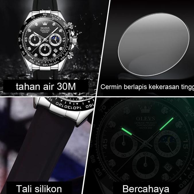 Sale Olevs Jam Tangan Pria Anti Air Original Keren Tahan Hitam Luxury Chronograph Watch Men Multifun