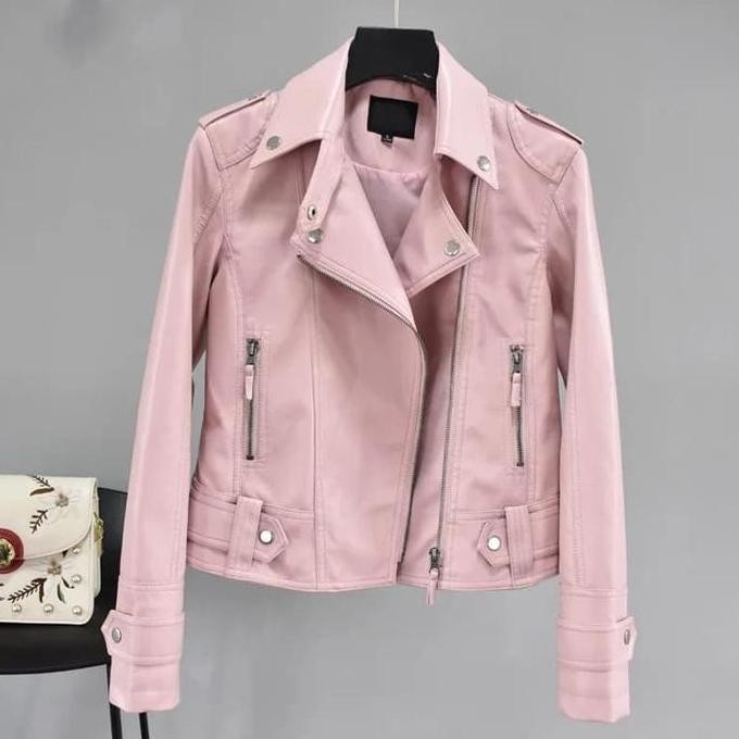 Jaket Wanita Kulit Sintetis Crop Warna Pink Promo