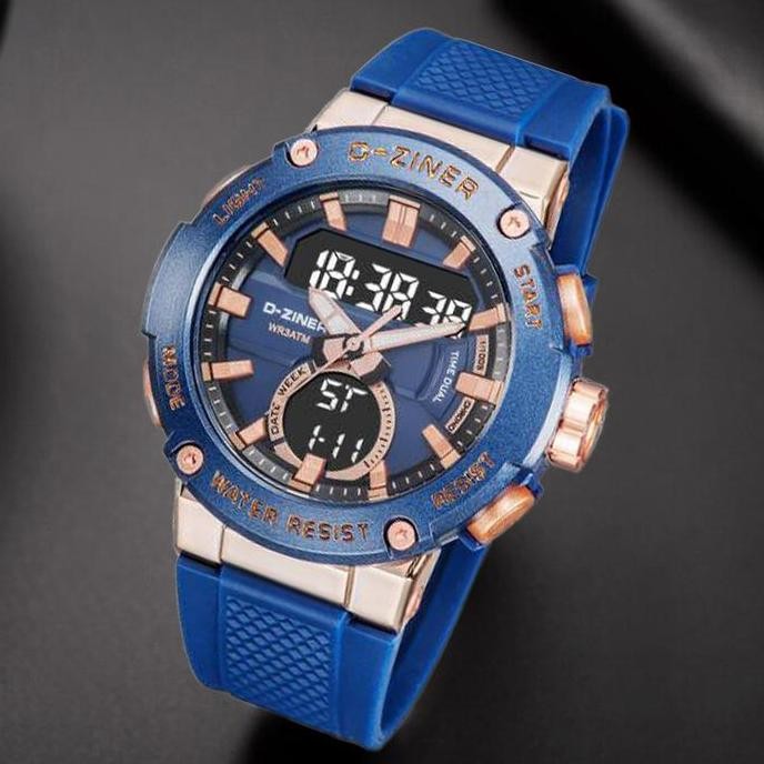 Promo Diskon Dziner Jam Tangan Pria 8279 Rubber Double Time Water Resistant 3 Atm Watches