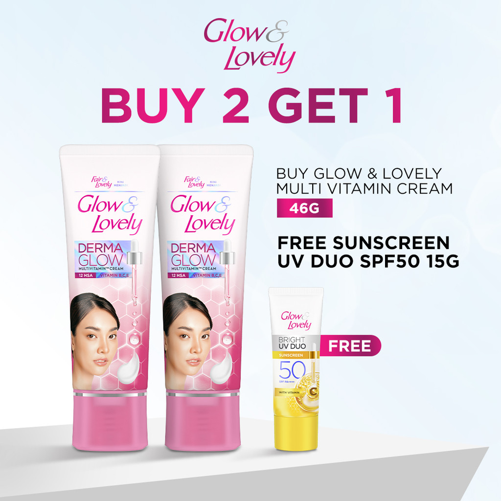 Beli 2 Glow & Lovely Multi Vitamin Cream 46g Gratis Sunscreen Wajah UV Duo SPF 50 15g