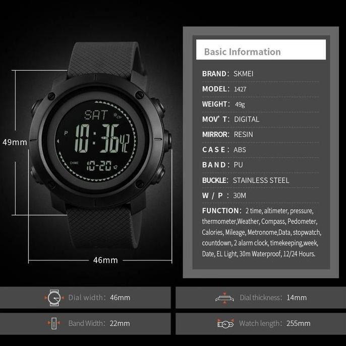 Promo Jam Tangan Pria Skmei 1427 Digital Sporty Pedometer Calorie Compass Kaca Stainless Stopwatch W