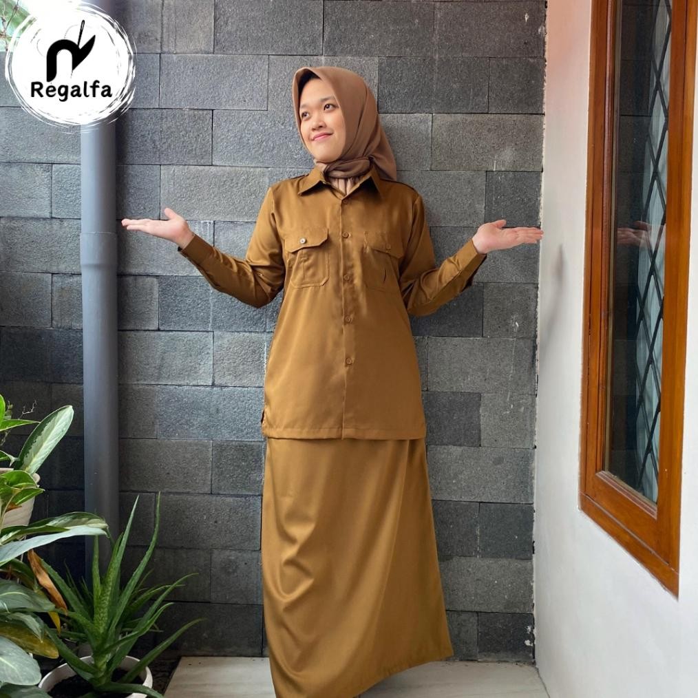 ND Setelan Baju Kemeja Pemda Dinas PDH PNS Wanita Model Saku Dada Warna Khaki Tua Terpopuler