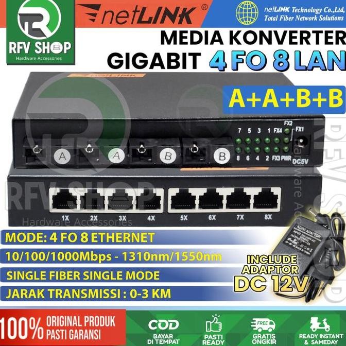 NEW GIGABIT MEDIA CONVERTER 4 FO 8 LAN FIBER OPTIK SWITCH KONVERTER HTB