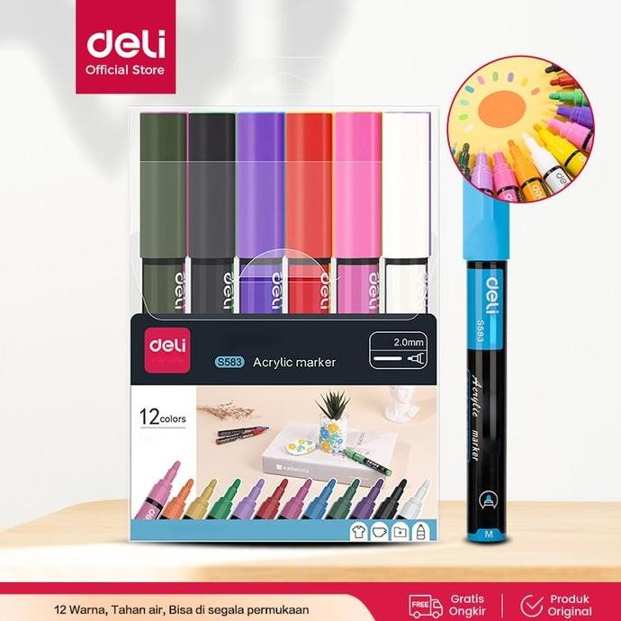 

Termurah Deli Acrylic Marker/Spidol Akrilik Papan Tulis 12 Warna Anti Air S583