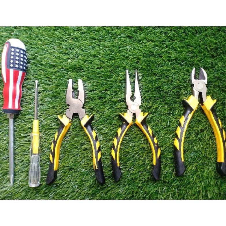 NEW Paket 3 Tang & 2 Obeng - Obeng Bolak Balik, Obeng Test Pen Tespen, Tang Kombinasi, Tang Lancip, 