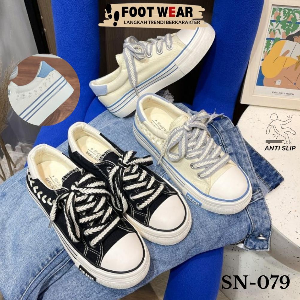SN079 - SEPATU WANITA SNEAKERS KOREA HITAM PUTIH IMPORT FLAT SHOES OLAHRAGA SEKOLAH KULIAH JALAN FAS