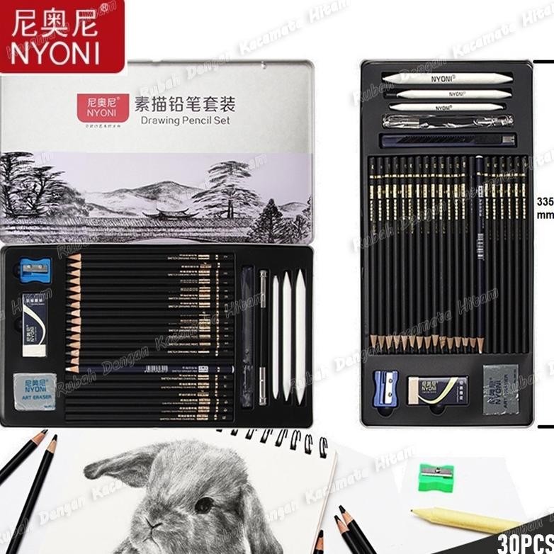 

RB [COD]NYONI Sketch Drawing Pencil Set 30 / Pensil Lukis Sketsa Set Lengkap/Drawing/Sketsa pensil Matt, sketsa pemula, pensil arang, penghapus, kotak pena, pena kertas, spons, pena, set pisau/sketch pencil set in Kotak besi