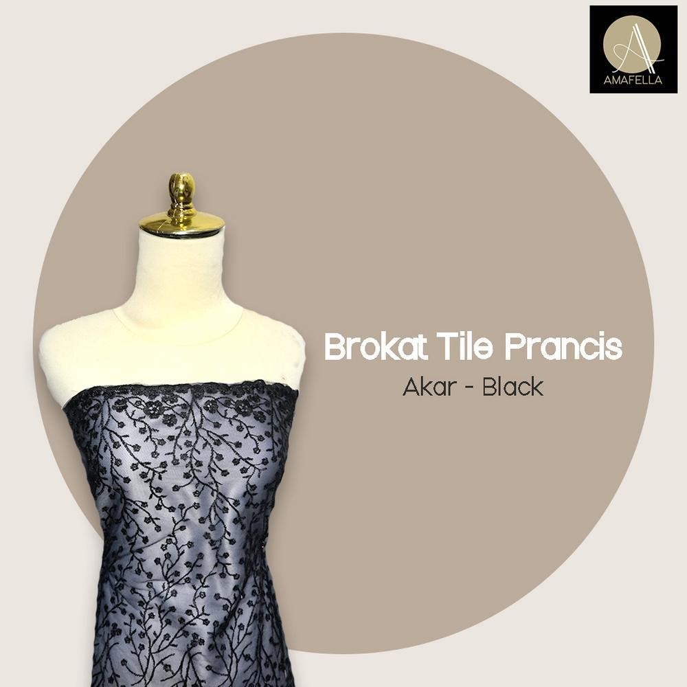 SY 1/2 Meter Kain Brokat Tile Prancis Bahan Kebaya Motif Akar Black Hitam