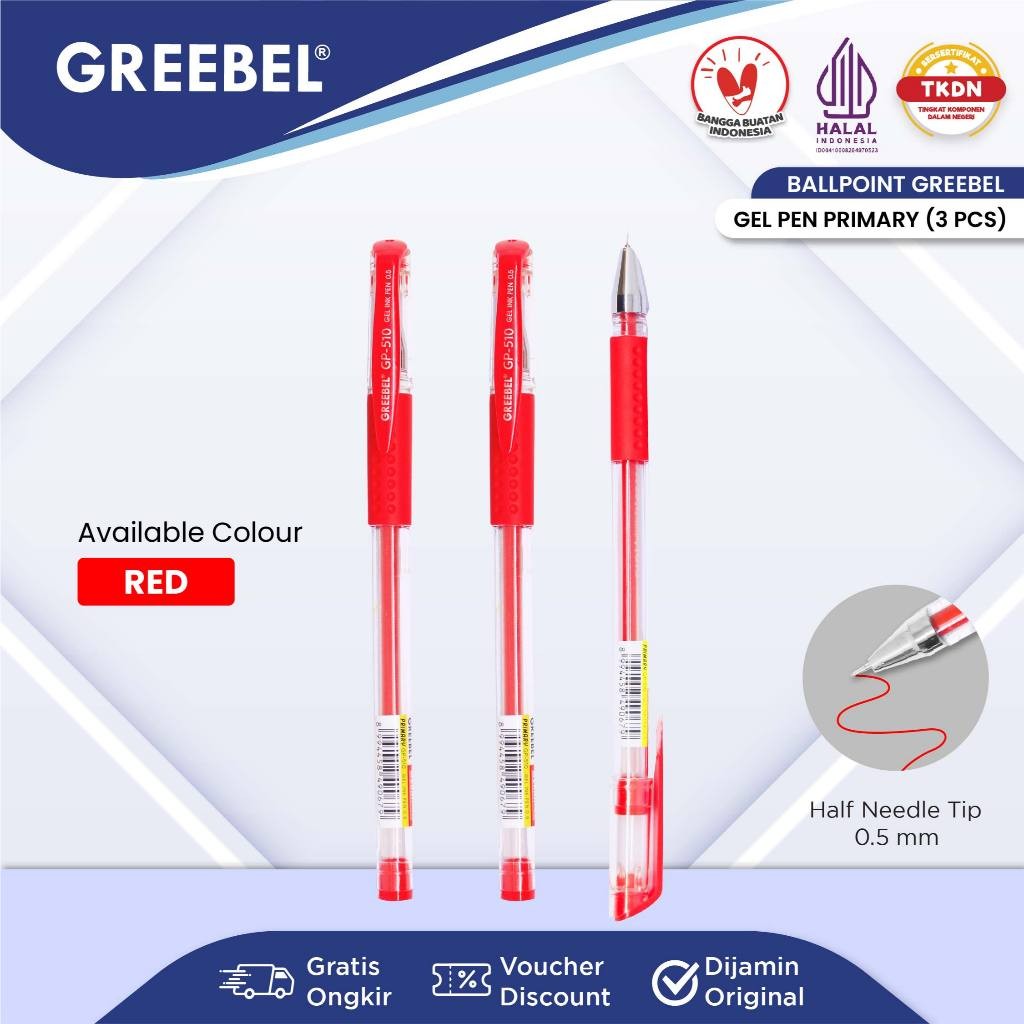 

GREEBEL PULPEN GEL / GEL PEN GP- 510 Primary 0.5 Merah(3PCS/SET) / Ballpen Gel Ballpoint Bolpen Bolpoin Pena Gel