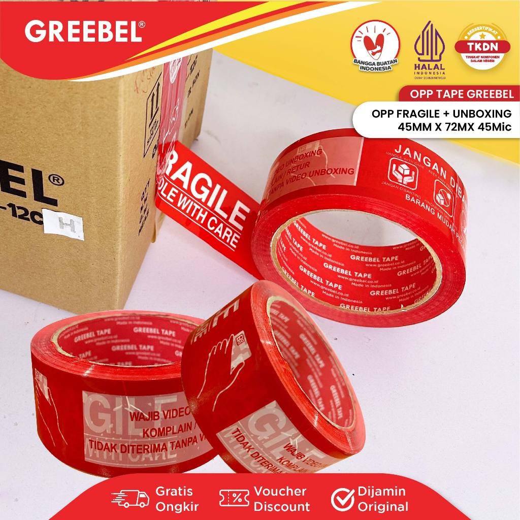 

GREEBEL Lakban Fragile / Selotip Fragile dan Unboxing 45 MM X 72 YARD (PER PCS) / Opp Tape