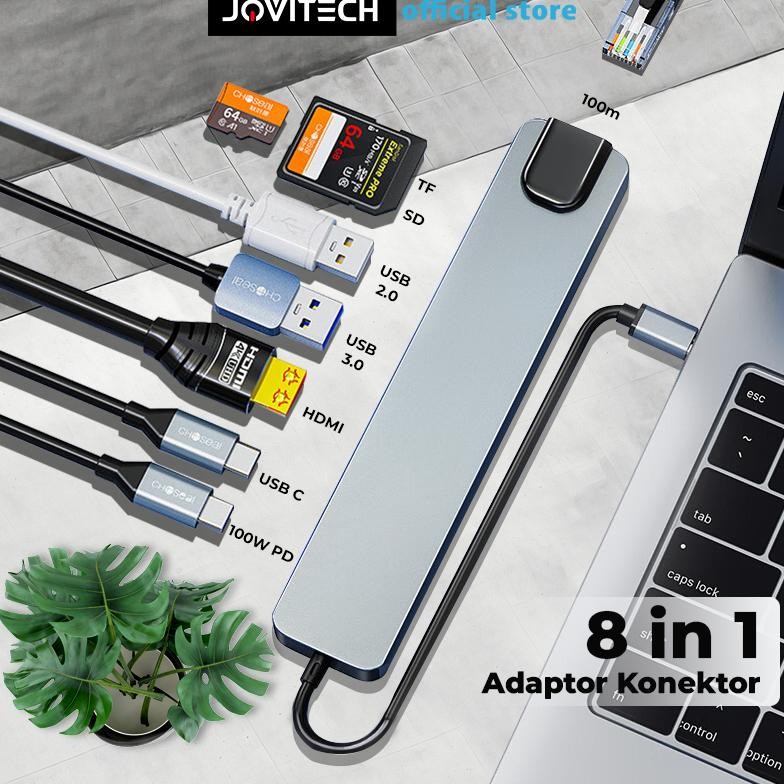 Jovitech 8In1 Adapter Konektor Kabel Multifungsi Type C Sd Card Tf Card 4K Hdmi 1.4 Usb 100W Pd Supp