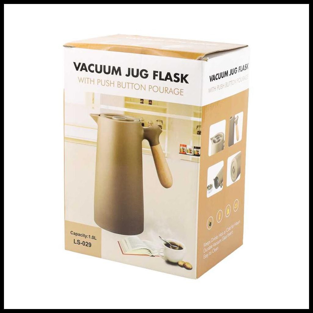 TERMOS KACA TAHAN AIR PANAS 24 JAM AESTHETIC GAGANG KAYU 1 LITER PENCET TEKO DESAIN PITCHER KOPI TEH