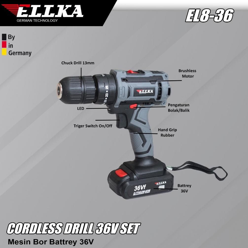Iq45 Fgk-24 Ellka Cordless Drill Bor Cas / Bor Baterai 36Volt Set Koper Lengkap- Perlengkapan Rumah 