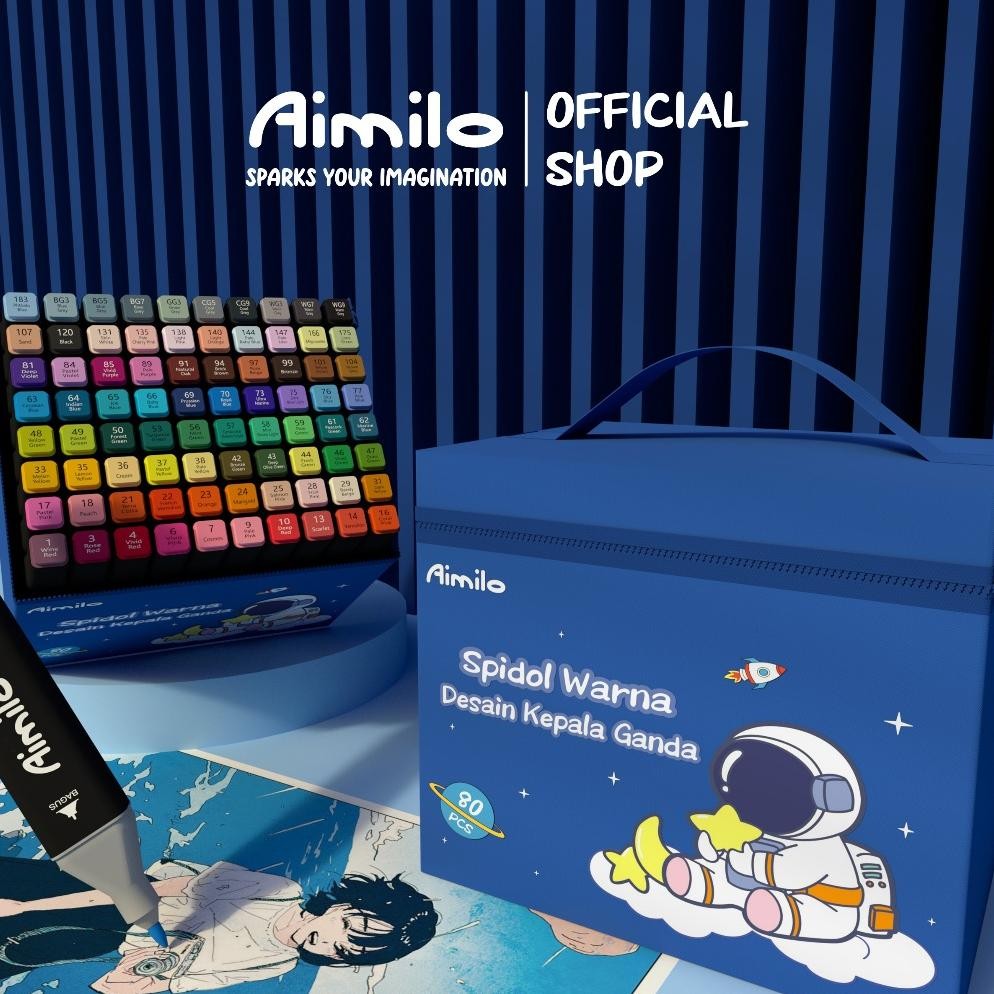 

[READY] Aimilo Spidol Warna Warni 1 Set Kemasan Kartun Sketch Marker 2 Tip Marker Set 48/60/80 Warna