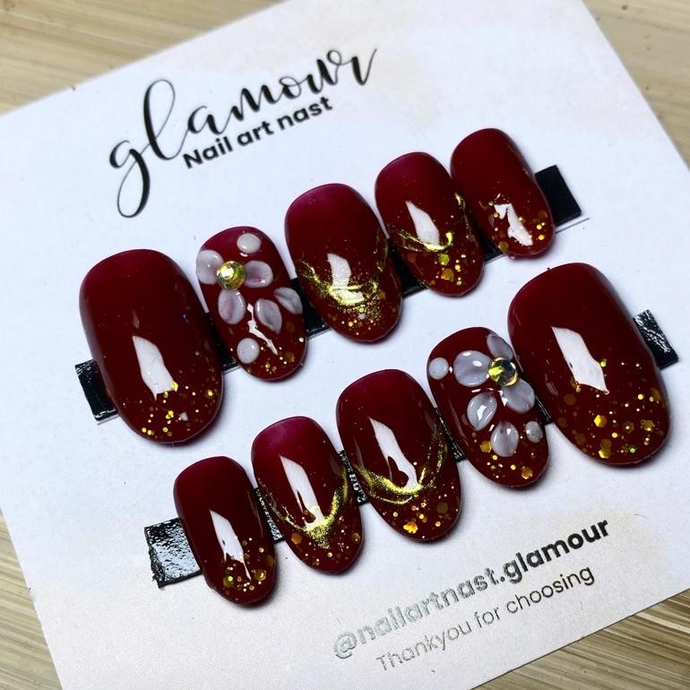 NEW Kuku Palsu Wedding Maroon Handmade Nail Art Wedding Murah FREE LEM NAIL ART SIMPLE