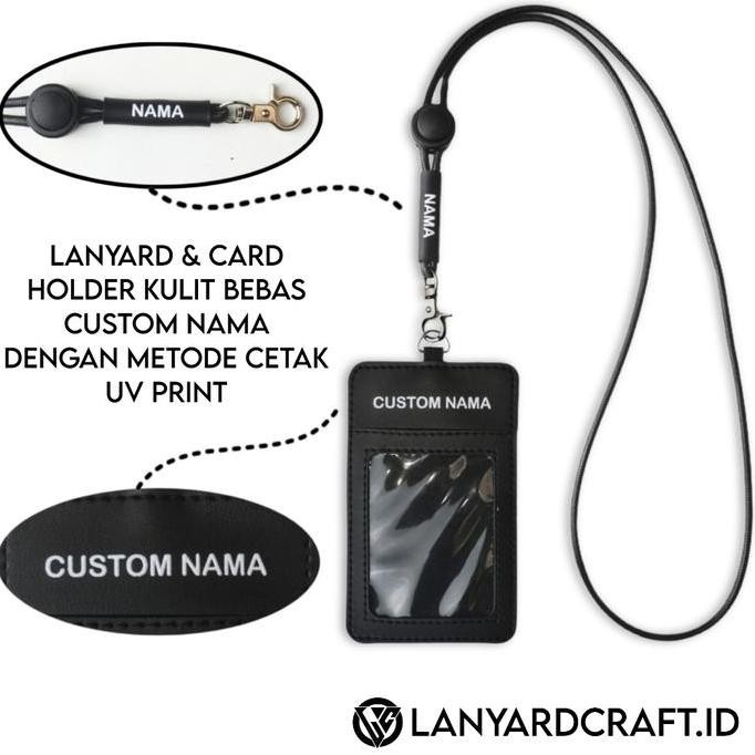 

JUAL [K3] Id Card Custom Nama + Lanyard Kulit - Card Holder Leather Custom UV print - BLACK