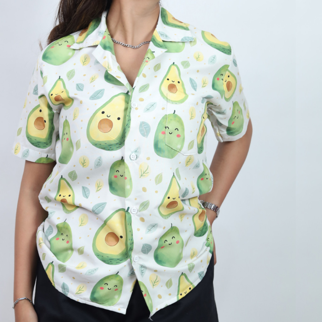 GOKS Baju Kemeja Kekinian Hem Motif Pria Wanita Trend Distro Jumbo Motif Terbaru ALPUKAT HAPPY 178