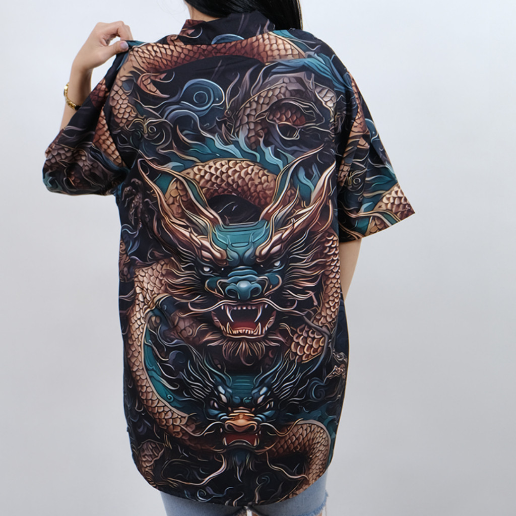 GOKS Baju Kemeja Motif Laki Laki Perempuan Full Print Printing Kemeja Vintage NAGA HIJAU 907