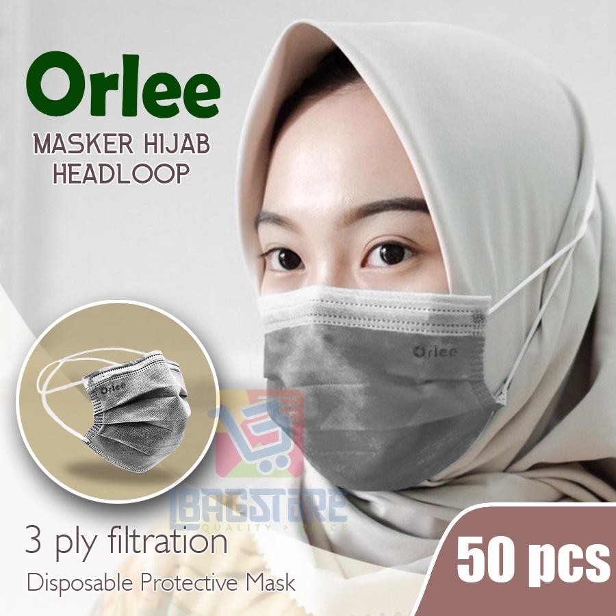 Masker 3 Ply Lapis 3Ply Orlee Headloop Hijab Warna Bu Abu2 Grey Isi 50 Pcs