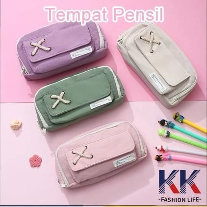 

NEW!!! Tempat Pensil Model Pita Silang Kotak Pensil Tali Rami Ritsleting Ganda Bahan Kanvas Pouch Tempat Alat Tulis Perlengkapan Sekolah Kantor Dua Sisi Resleting