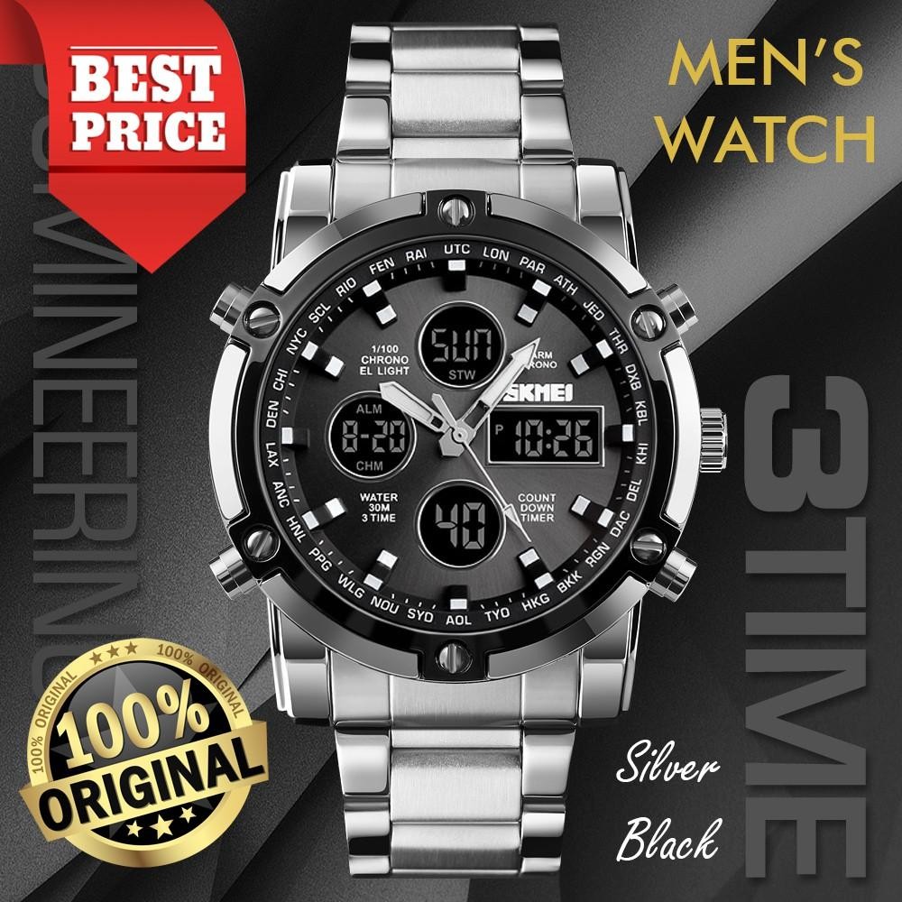 Skmei Jam Tangan Pria Kasual Digital Analog Dual Time Anti Air Wr30M Tali Rantai Besi Stainless