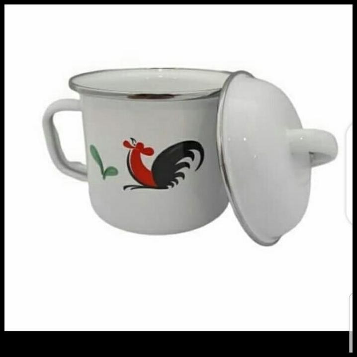 Gelas Mug Enamel Gambar Ayam Kukuruyuk/ Gelas Kedaung Dilengkapi Tutup