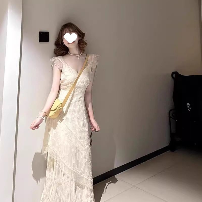 Gaun Wanita Lengan Renda Bergetar Tanpa Lengan/Rok Panjang