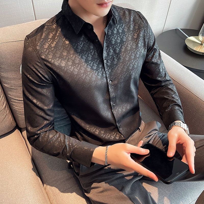 Kemeja Lengan Panjang Pria Motif Bunga Gelap Kemeja Bisnis Pribadi Bergaya Slim Fit Versi Korea