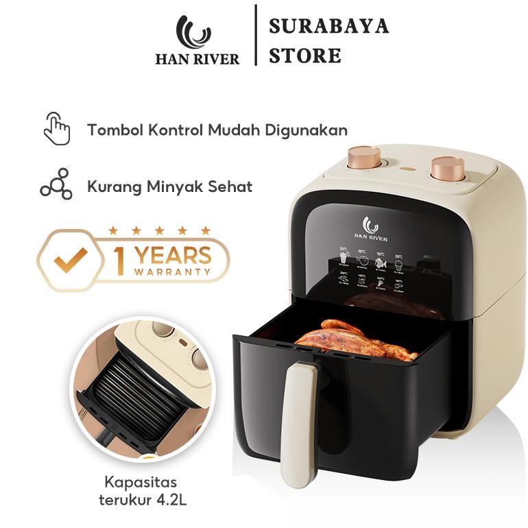NEW HAN RIVER Air Fryer 4.2L Kapasitas Dual Knob Control Anti Lengket 360 Hot Air Circulation HRAF03
