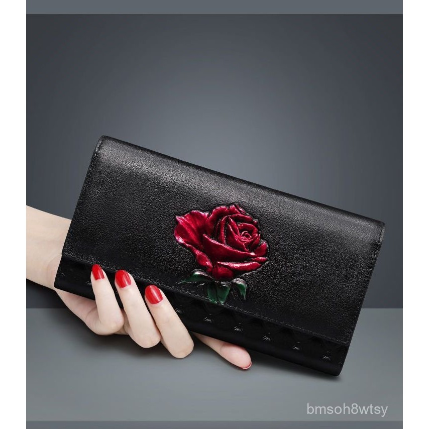 Dompet Panjang Kulit Asli untuk Wanita, Tas Tangan Unik, Gaya Etnik, Slot Multi-Kartu, Dompet Lipat 