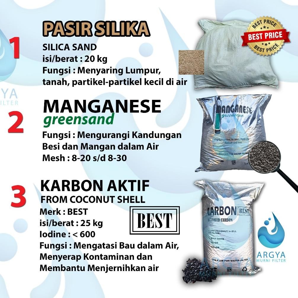 HJK Paket 3 Media Filter Air untuk Tabung FRP : Pasir Silika 20 Kg + Manganese Greensand 25 Kg + Kar