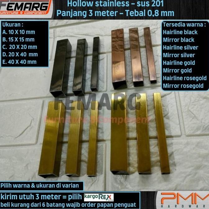 HOLLOW STAINLESS 20X20mm FEMARG SUS 201 MIRROR GOLD |ROSE GOLD |BLACK