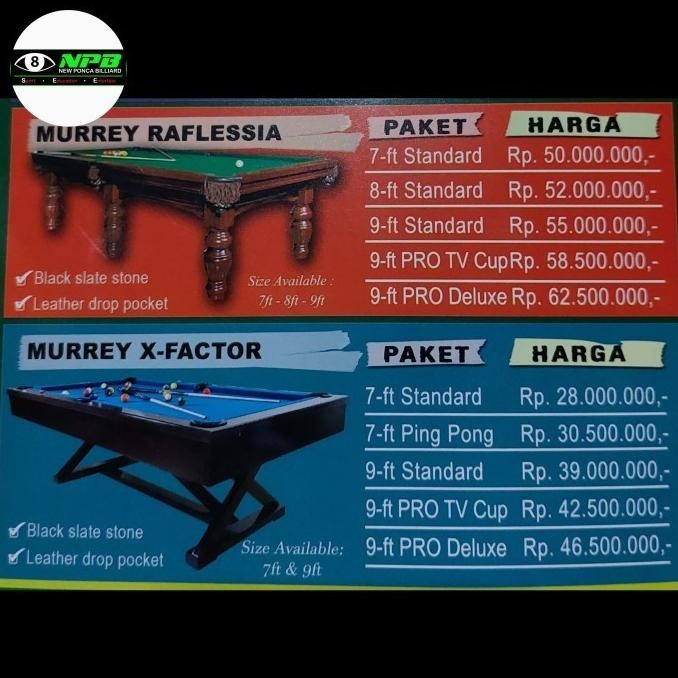 PAKET MEJA BILLIARD MURREY RAFLESIAX-FACTORCAROMSNOOKERBILLIYAR