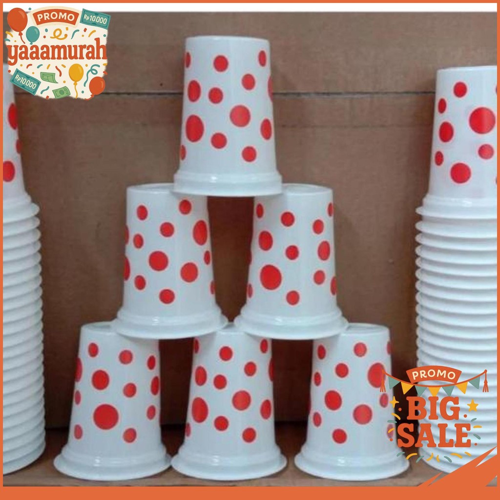 50Pcs | Gelas Plastik Putih Polkadot Merah | Gelas Plastik Bola Merah / Sameday