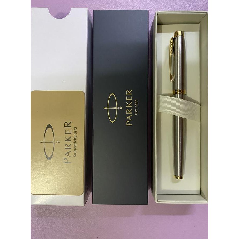 

Pulpen Parker Im New Original Roller Ball Brushed Metal Gold Trim Kualitas Original