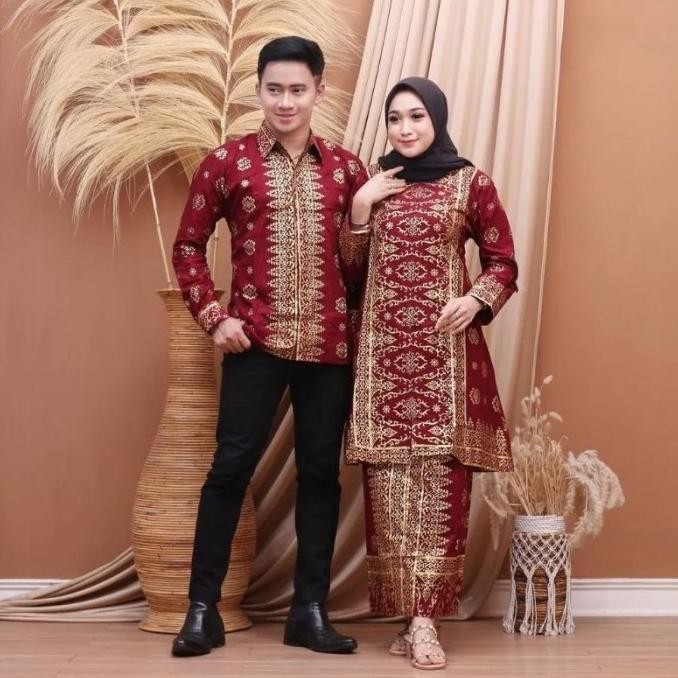 Setelan Couple Batik Songket Palembang + Rok Dan Kemeja Pria