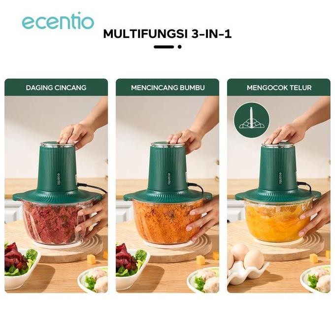 ecentio Blender 3 Fungsi Premium - Giling Daging, Cincang Bumbu & Kocok Telur, 2L Kaca Anti Gores + 