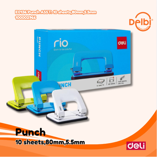 

DELI Punch ASST. 10 sheets,80mm,5.5mm PENGLUBANG KERTAS WARNA BIRU, PUTIH, HIJAU