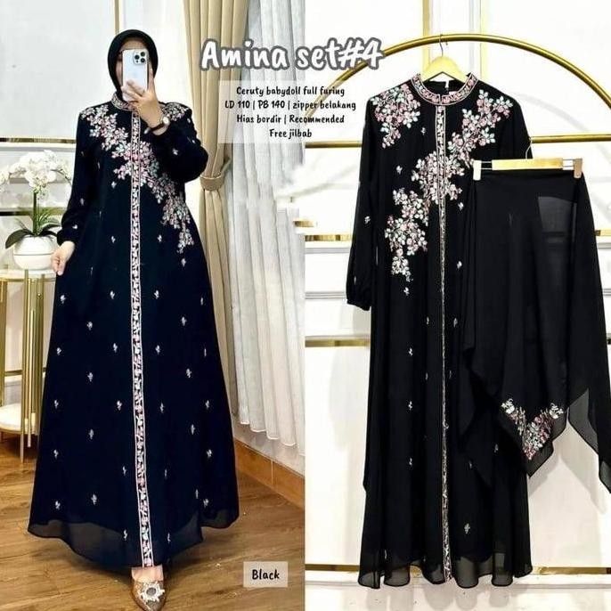 BAJU GAMIS WANITA MUSLIM AMINA DRESS SET JILBAB CERUTI BORDIR CANTIK FASHION PEREMPUAN DEWASA REMAJA