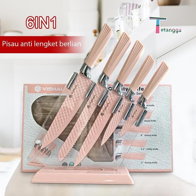 

Terlaris 6 Pcs Pisau Set Paling Tajam Cookware Kitchen Knife Set Diamond Non-Stick Coating - Original Vs-1844