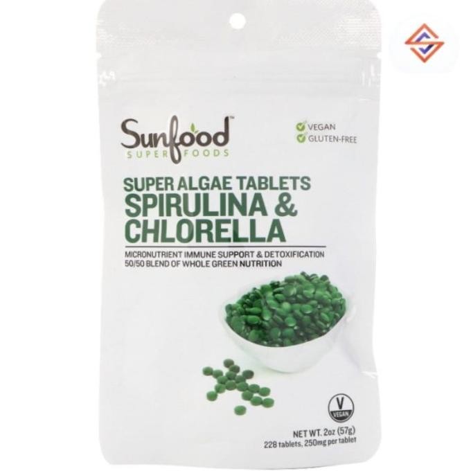Sunfood Spirulina & Chlorella Super Algae Tablet Isi 225 Tabs Original Produk