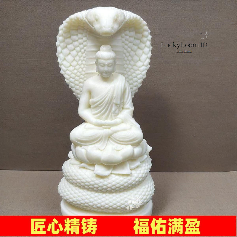 Snake Buddha Rulai Buddha Shakyamuni Figurine Imitation Ivory Fruit Carving for Home Worship
